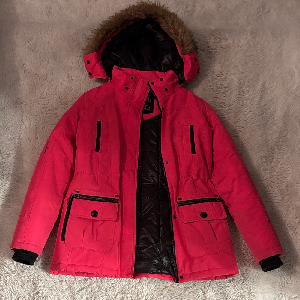 Pink Hooded Winter Jacket with Fur Trim girls small